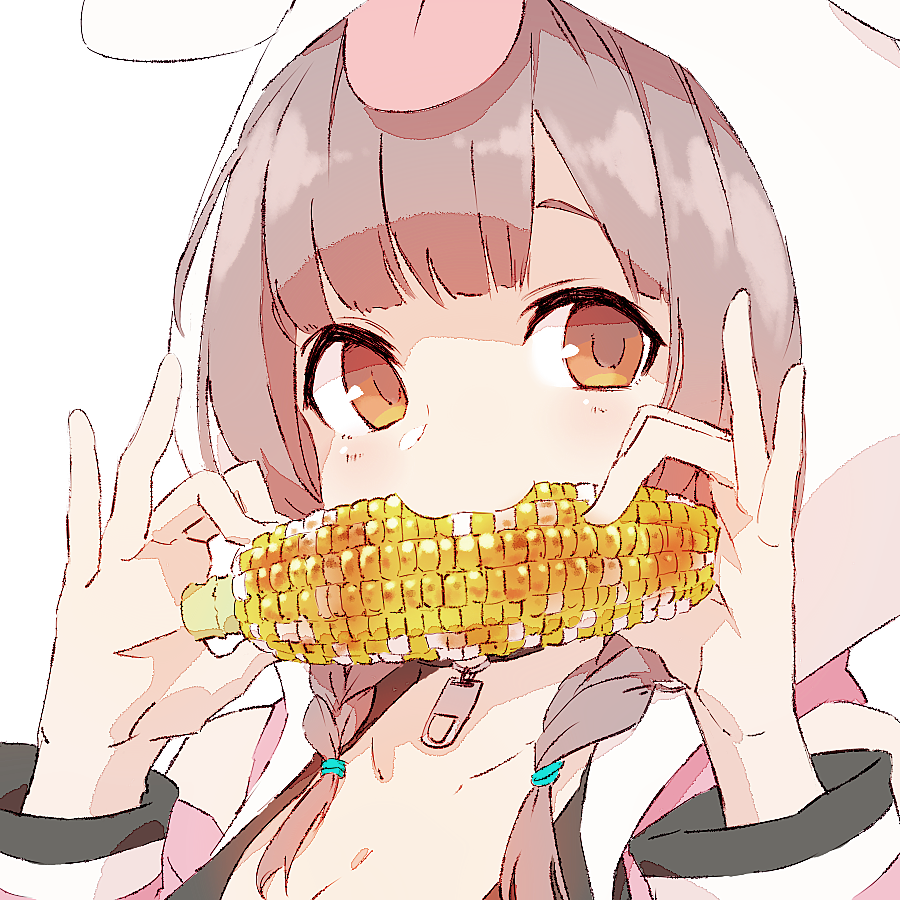 1girl, animal_hood, bangs, blush, brown_eyes, brown_hair, corn_cob, eating