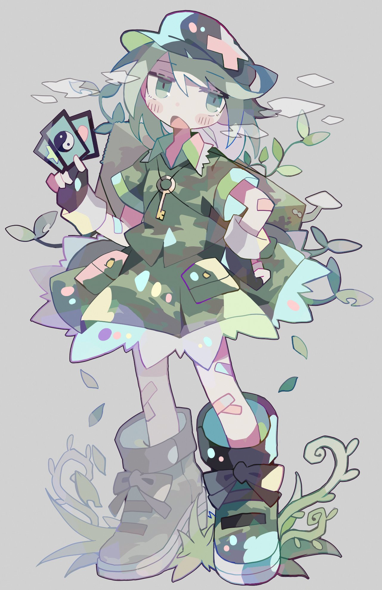 1girl, :d, asagina_gi, backpack, bag, bandaid, bandaid_on_leg, bangs