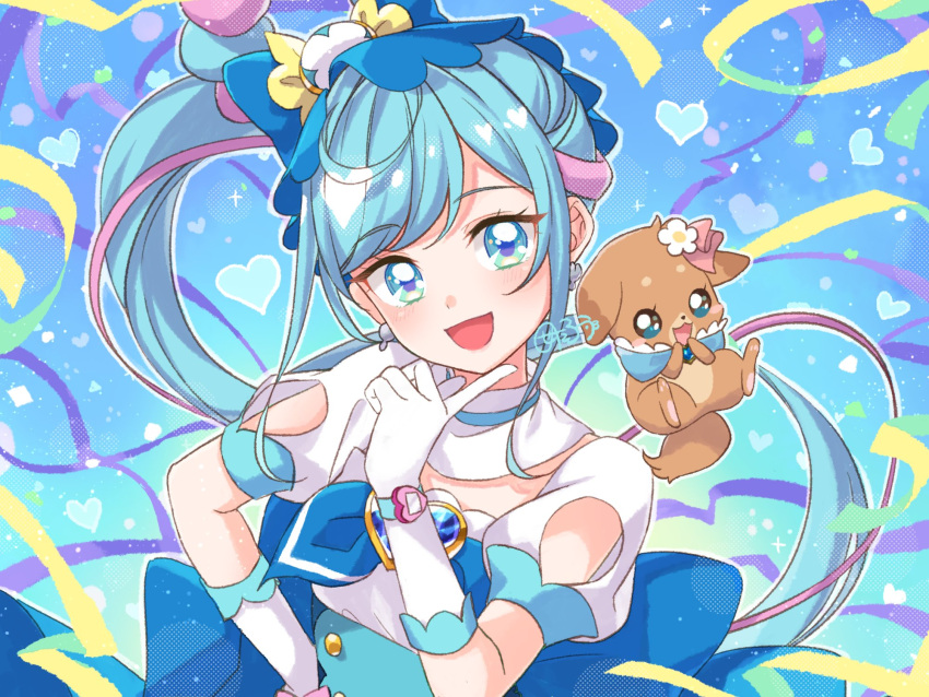 1girl, apron, blue_background, blue_eyes, blue_hair, blue_theme, brooch, cure_spicy