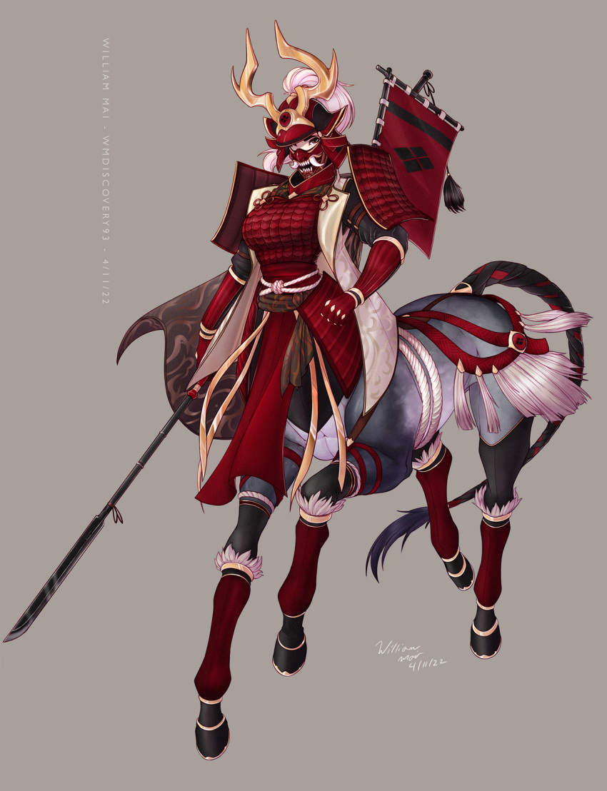 1girl, arm_guards, armor, artist_name, banner, braided_tail, centaur, commission