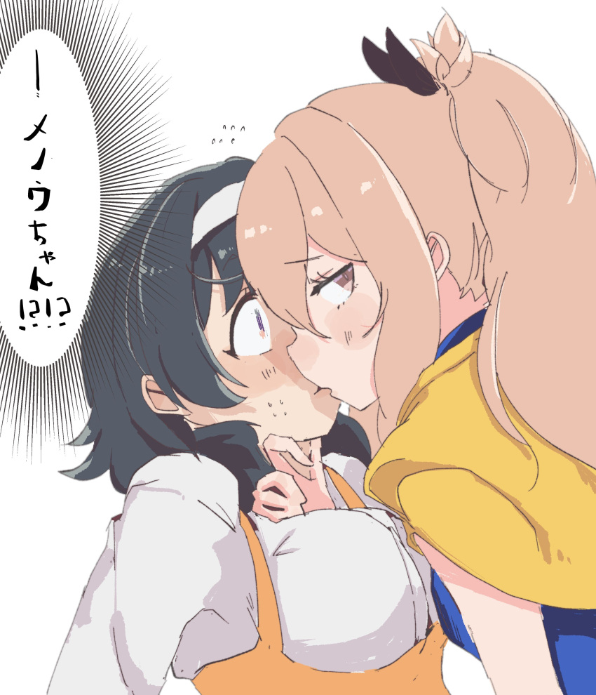 2girls, absurdres, arm_between_breasts, between_breasts, black_hair, black_ribbon, blonde_hair, blush, breasts, dress, german_clothes, hair_ribbon, hairband, highres, kiss, long_hair, looking_at_another, menou_(virgin_road), multiple_girls, orange_dress, ponytail, ribbon, shokei_shoujo_no_virgin_road, short_hair, tokitou_akari, translation_request, turtleneck_dress, undone_neck_ribbon, yuri, zexel27