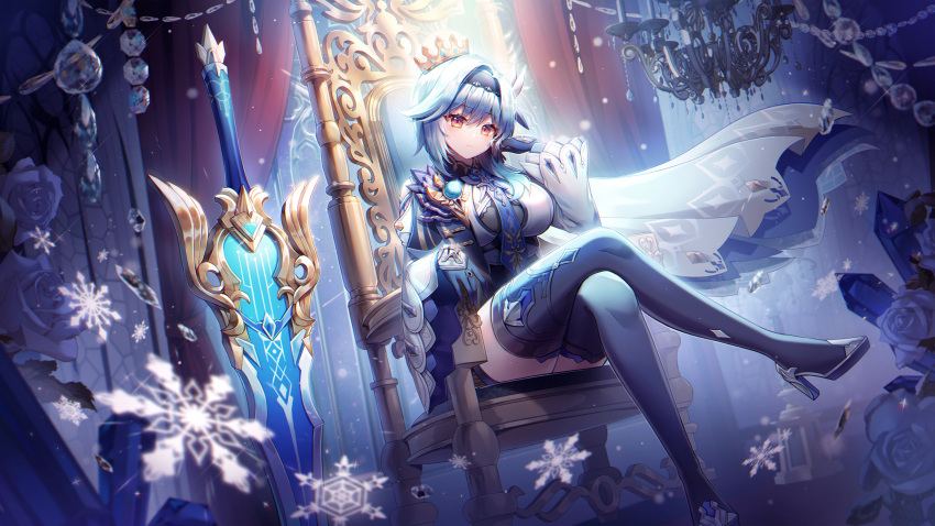 1girl, arm_rest, black_gloves, black_hairband, black_legwear, blue_hair, blue_necktie, bodysuit, breasts, butterfly_hair_ornament, chandelier, closed_mouth, clothing_cutout, crossed_legs, crown, eula_(genshin_impact), flower, genshin_impact, gloves, hair_ornament, hairband, hand_on_own_cheek, hand_on_own_face, hayun, head_rest, high_heels, highres, indoors, jewelry, large_breasts, long_hair, looking_at_viewer, necktie, on_chair, ring, rose, shoulder_cutout, sitting, snowflakes, solo, song_of_broken_pines_(genshin_impact), sword, thigh-highs, violet_eyes, vision_(genshin_impact), weapon, wide_sleeves
