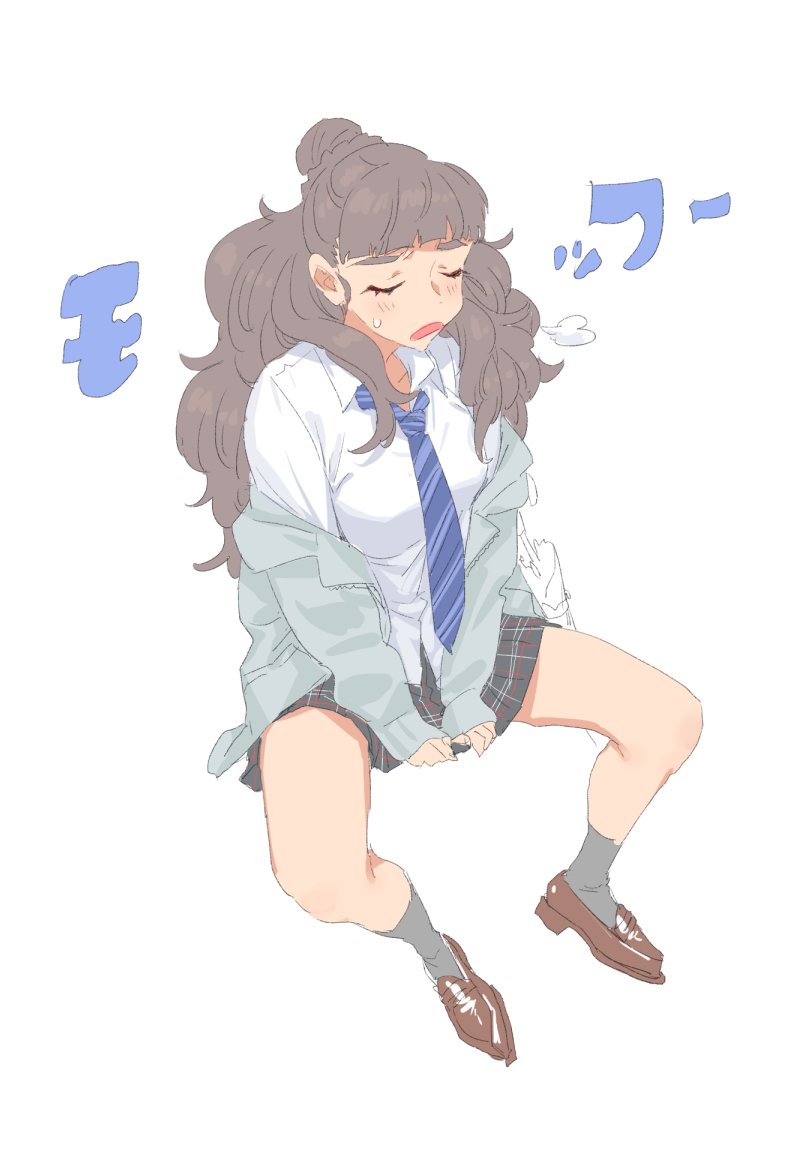 1girl, bangs, blue_cardigan, blue_necktie, blunt_bangs, braid, brown_hair, cardigan