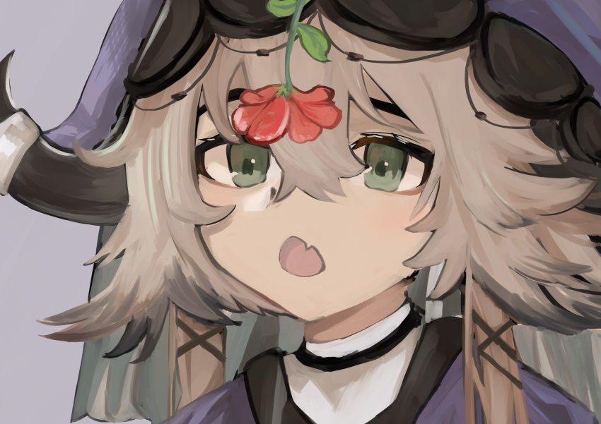 1girl, absurdres, arknights, bangs, brown_hair, fang, flower, green_eyes