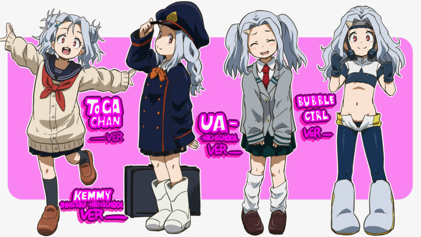 1girl, awa, bad_source, boku_no_hero_academia, bubble_girl_(boku_no_hero_academia), child, closed_eyes, closed_mouth, cosplay, eri_(boku_no_hero_academia), full_body, grey_hair, hat, highres, horns, long_hair, looking_at_viewer, navel, necktie, open_mouth, red_eyes, school_uniform, single_horn, skirt, smile, solo, toga_himiko, toga_himiko_(cosplay)