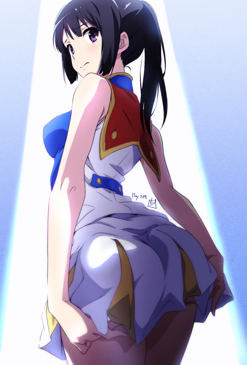 1girl, ass, ass_grab, bare_arms, bare_shoulders, black_hair, breasts, dated