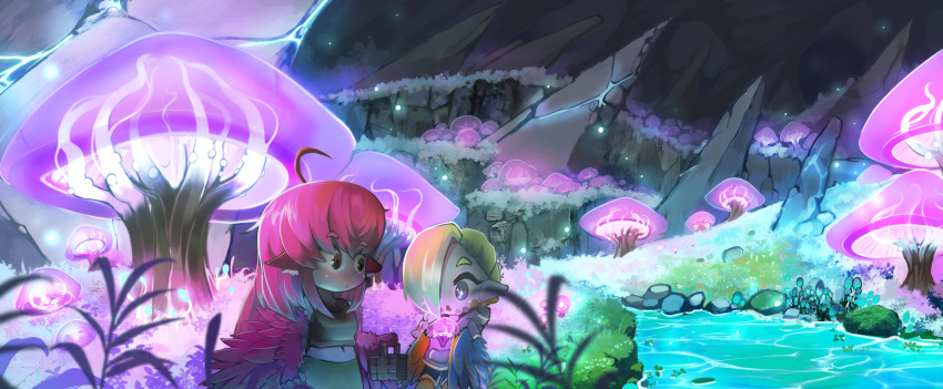 2girls, ahoge, animal_ears, bangs, basket, bird_ears, bird_legs, blue_feathers, blush, cave, coco_(eogks), commentary, english_commentary, green_hair, hair_over_one_eye, harpy, highres, holding, holding_basket, holding_mushroom, landscape, long_hair, mako_(eogks), monster_girl, multiple_girls, mushroom, navel, nn_(eogks), open_mouth, orange_feathers, original, picnic_basket, pointy_ears, red_feathers, redhead, siblings, sisters, skirt, stream, two-tone_wings, very_long_hair, winged_arms, wings