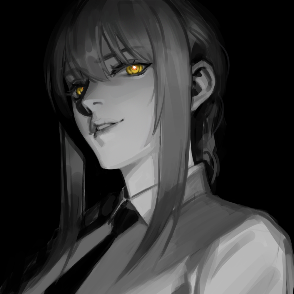 1girl, bangs, braid, chainsaw_man, collared_shirt, endless_(1482999), face, greyscale