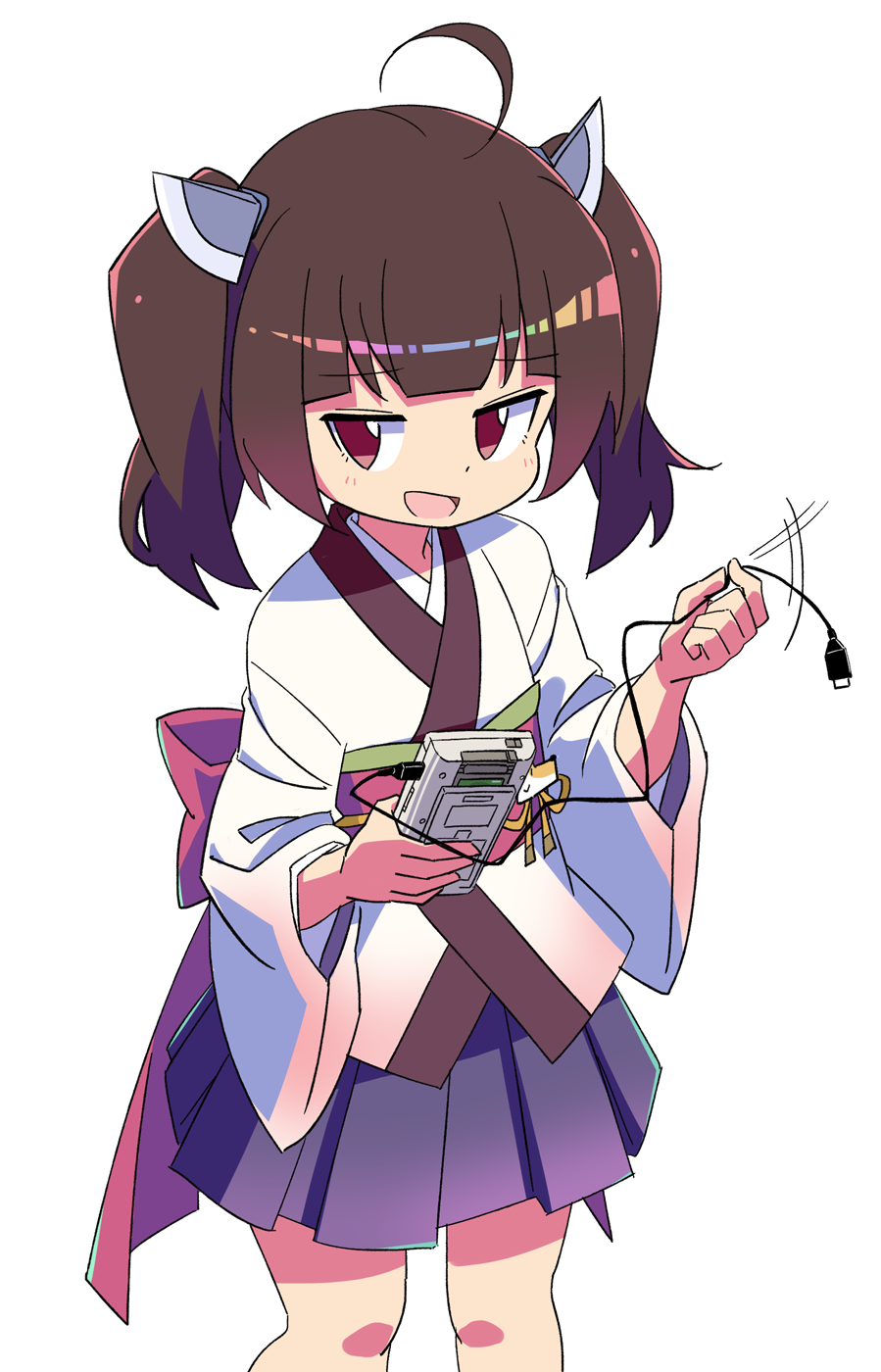 1girl, ahoge, bangs, blunt_bangs, brown_eyes, brown_hair, cable_spin, cowboy_shot