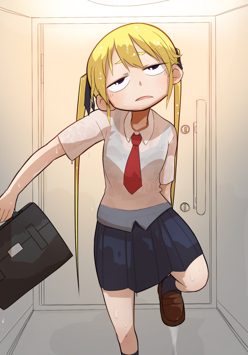 1girl, black_legwear, black_skirt, blonde_hair, bra_visible_through_clothes, brown_footwear, doorway, exhausted
