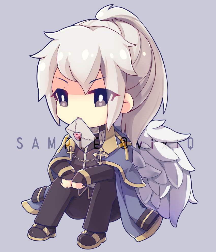 1boy, absurdres, bangs, black_eyes, black_footwear, black_pants, black_shirt, blue_jacket, bright_pupils, chain, chibi, commentary_request, cross, envelope, eyebrows_visible_through_hair, full_body, grey_background, high_ponytail, highres, inquisitor_(ragnarok_online), jacket, jacket_on_shoulders, long_hair, looking_at_viewer, male_focus, mouth_hold, pants, ponytail, poring, ragnarok_online, sample_watermark, shirt, shoes, simple_background, sitting, solo, vixiq, white_hair, white_pupils