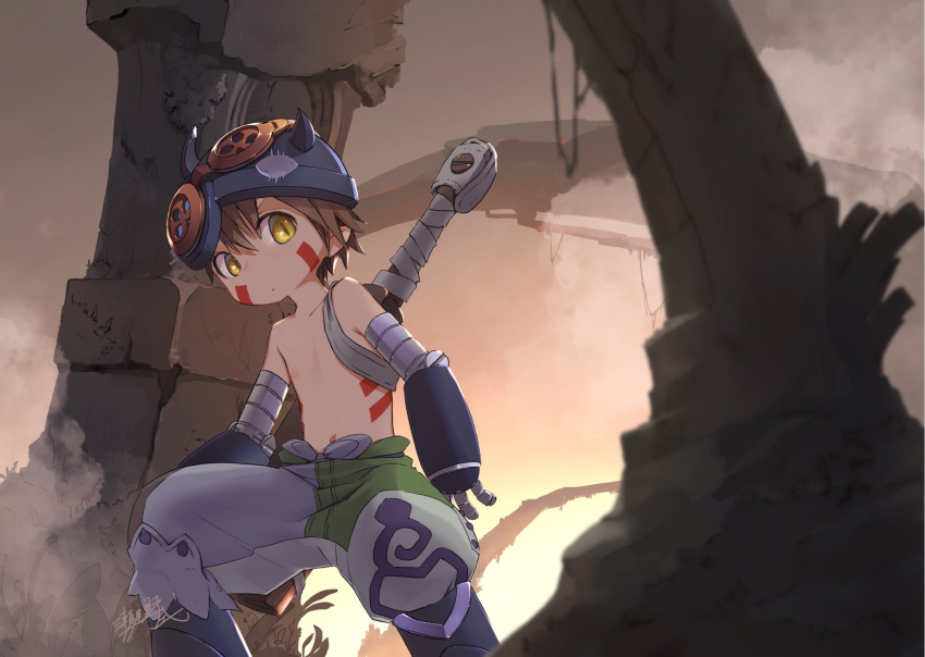 1boy, blaze_reap, brown_background, brown_hair, child, closed_mouth, commentary, english_commentary, facial_mark, fake_horns, hair_between_eyes, helmet, highres, hitosoroi, horned_helmet, horns, legs_apart, looking_at_viewer, looking_to_the_side, made_in_abyss, male_focus, mechanical_arms, navel, pants_tucked_in, puffy_pants, regu_(made_in_abyss), ruins, short_hair, signature, slit_pupils, smoke, solo, standing, topless_male, weapon, weapon_on_back, yellow_eyes