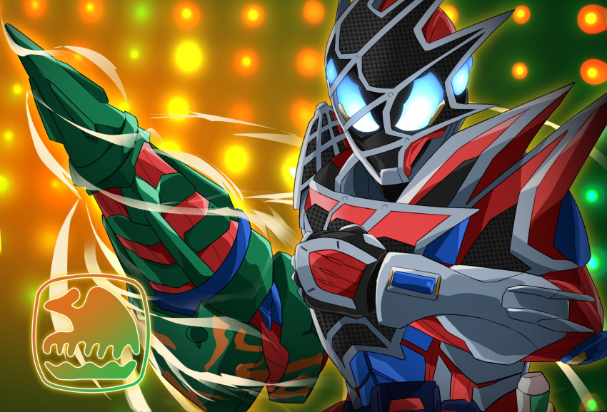 1boy, armor, asymmetrical_armor, bug, clenched_hand, demons_driver, drill_hand, green_background, highres, kamen_rider, kamen_rider_demons, kamen_rider_revice, looking_at_viewer, miyabi_(037), mogura_genome, mole_(animal), orange_background, silk, spider, spider_web, spider_web_print, two-tone_background