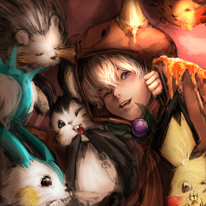 +_+, 1boy, :3, :d, animal, arms_up, bangs, blush