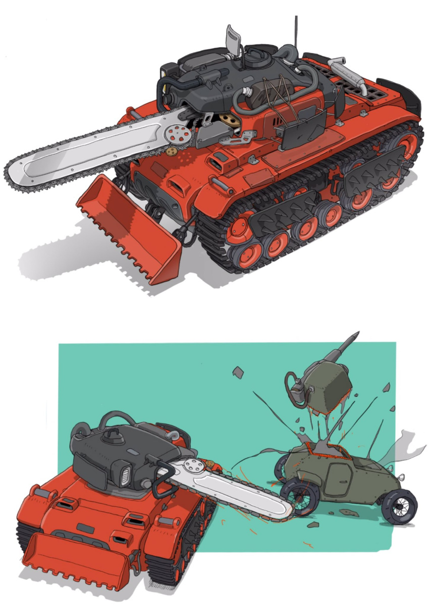 cable, caterpillar_tracks, chain, chainsaw, commentary_request, destruction, exhaust_pipe, gatling_santouhei, gears, ground_vehicle, highres, hydraulics, military, military_vehicle, molten_metal, motor_vehicle, no_humans, original, radio_antenna, robot, rope, shadow, smoke, sparks, spikes, tank, vehicle_focus, weapon, white_background
