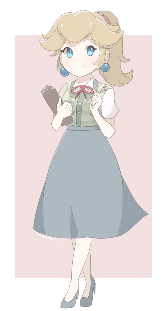 1girl, alternate_costume, animal_crossing, bangs, blonde_hair, blue_eyes, blue_skirt, border, bow, bowtie, casual, chocomiru, closed_mouth, cosplay, earrings, eyebrows_visible_through_hair, full_body, high_heels, isabelle_(animal_crossing), isabelle_(animal_crossing)_(cosplay), jewelry, long_hair, looking_at_viewer, ponytail, princess_peach, short_sleeves, skirt, smile, super_mario_bros., white_border
