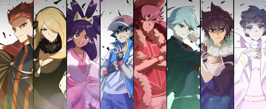 3girls, 5boys, alain_(pokemon), ash_ketchum, cynthia_(pokemon), diantha_(pokemon), highres, iris_(pokemon)