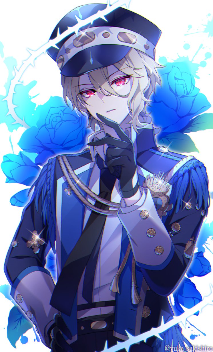 1boy, blonde_hair, blue_flower, blue_rose, earrings, floral_background, flower, gloves, guiltia_brion, hands_on_hips, hat, highres, idol, jewelry, long_sleeves, looking_at_viewer, male_focus, open_mouth, pants, red_eyes, rose, short_hair, solo, visual_prison, white_background, yuka_sakishiro