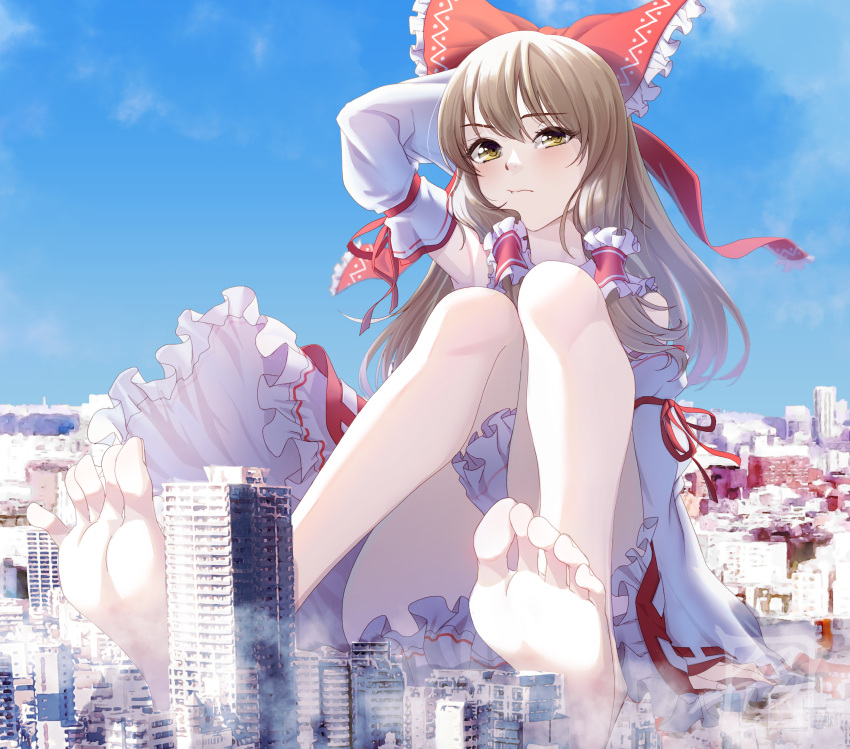 1girl, absurdres, arm_up, armpits, bangs, barefoot, blue_sky, blush