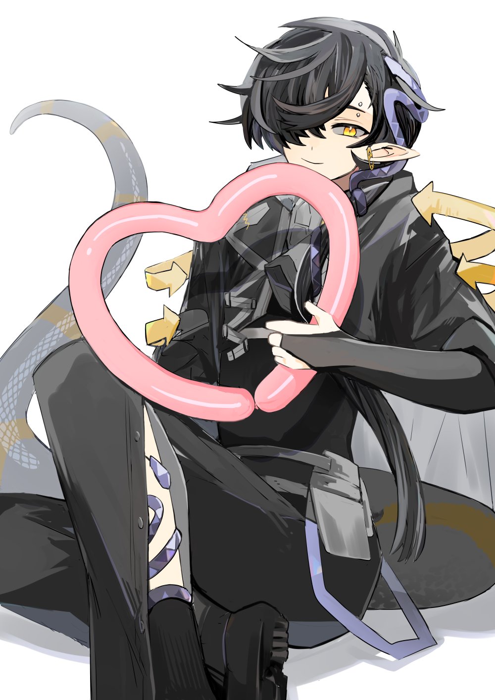 1boy, arknights, arrow_(symbol), balloon, bishounen, black_hair, black_jacket, black_shirt