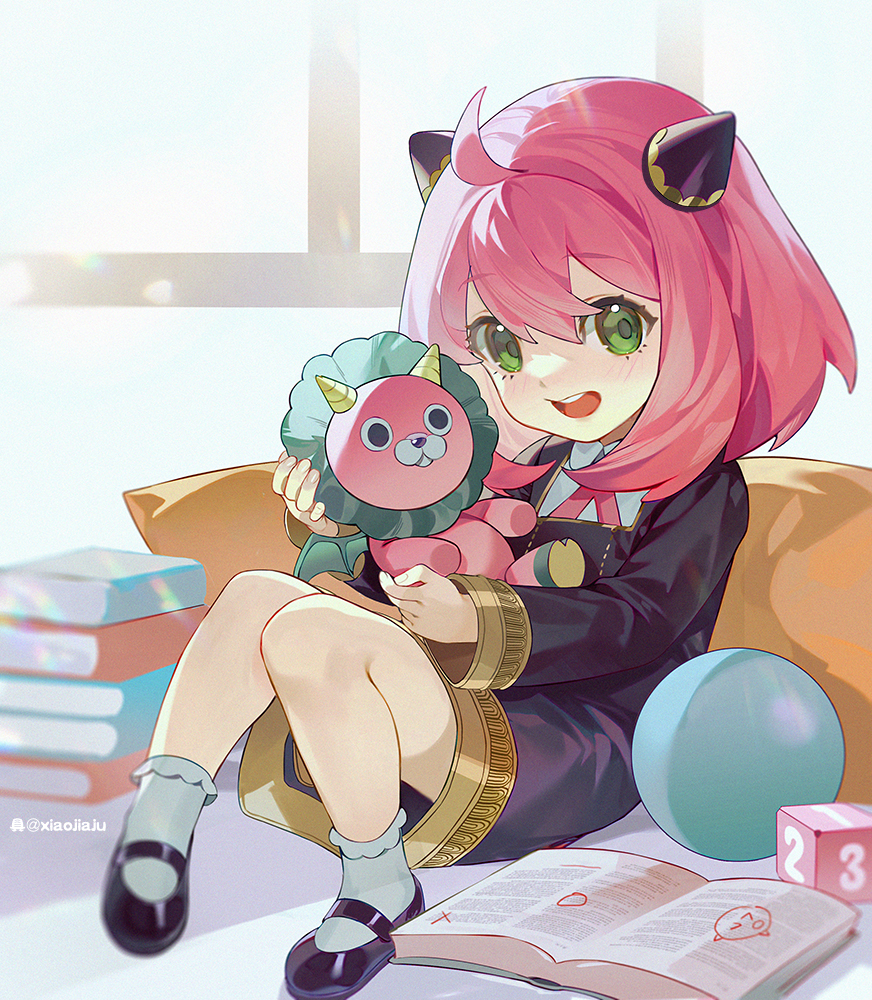 1girl, :d, ahoge, anya_(spy_x_family), artist_name, ball, bangs, bed
