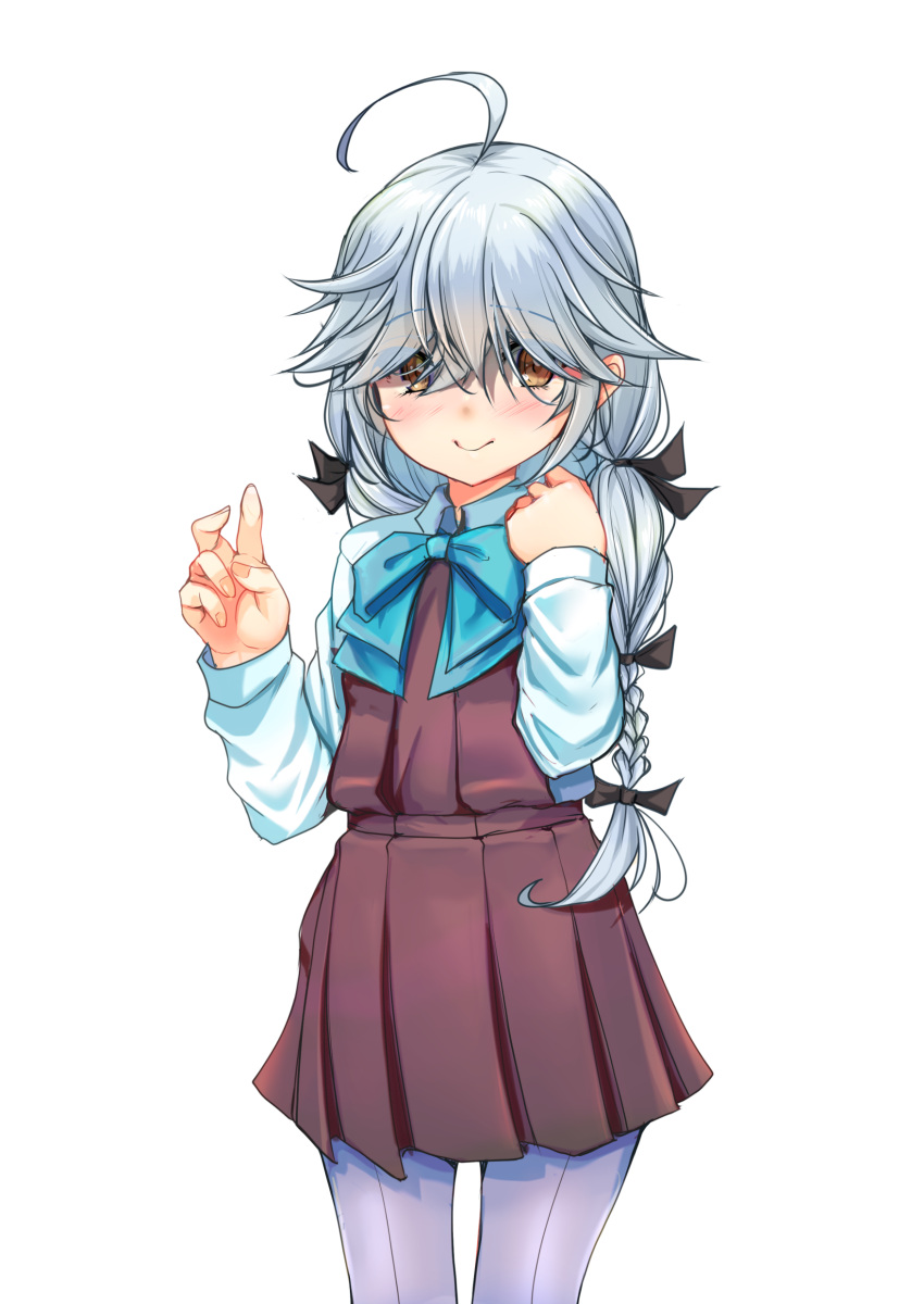 1girl, absurdres, ahoge, black_ribbon, braid, brown_eyes, commentary_request, dress