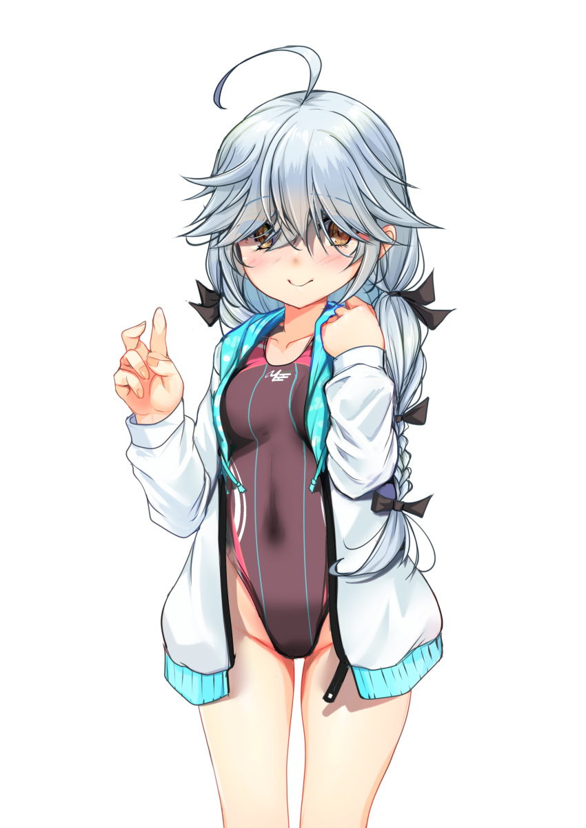 1girl, absurdres, ahoge, black_ribbon, braid, breasts, brown_eyes, brown_swimsuit