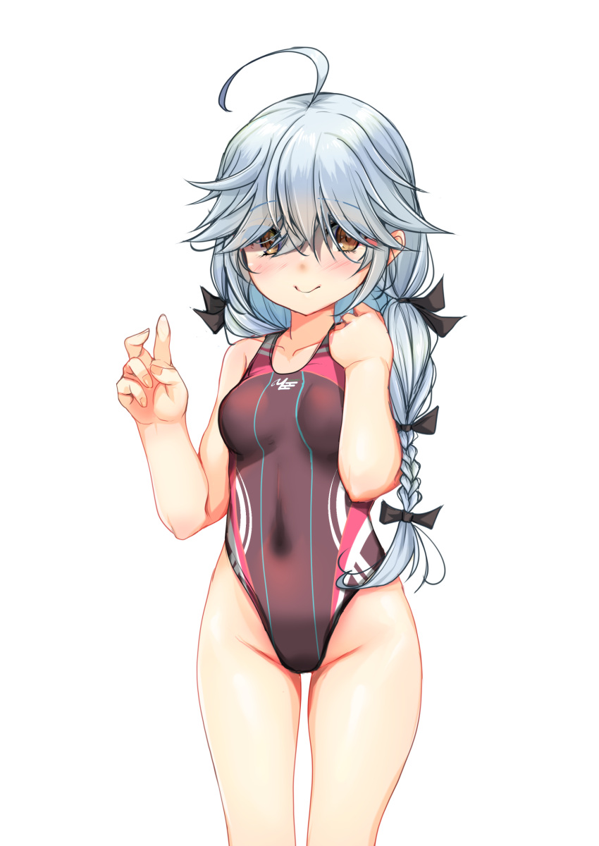 1girl, absurdres, ahoge, black_ribbon, braid, breasts, brown_eyes, brown_swimsuit