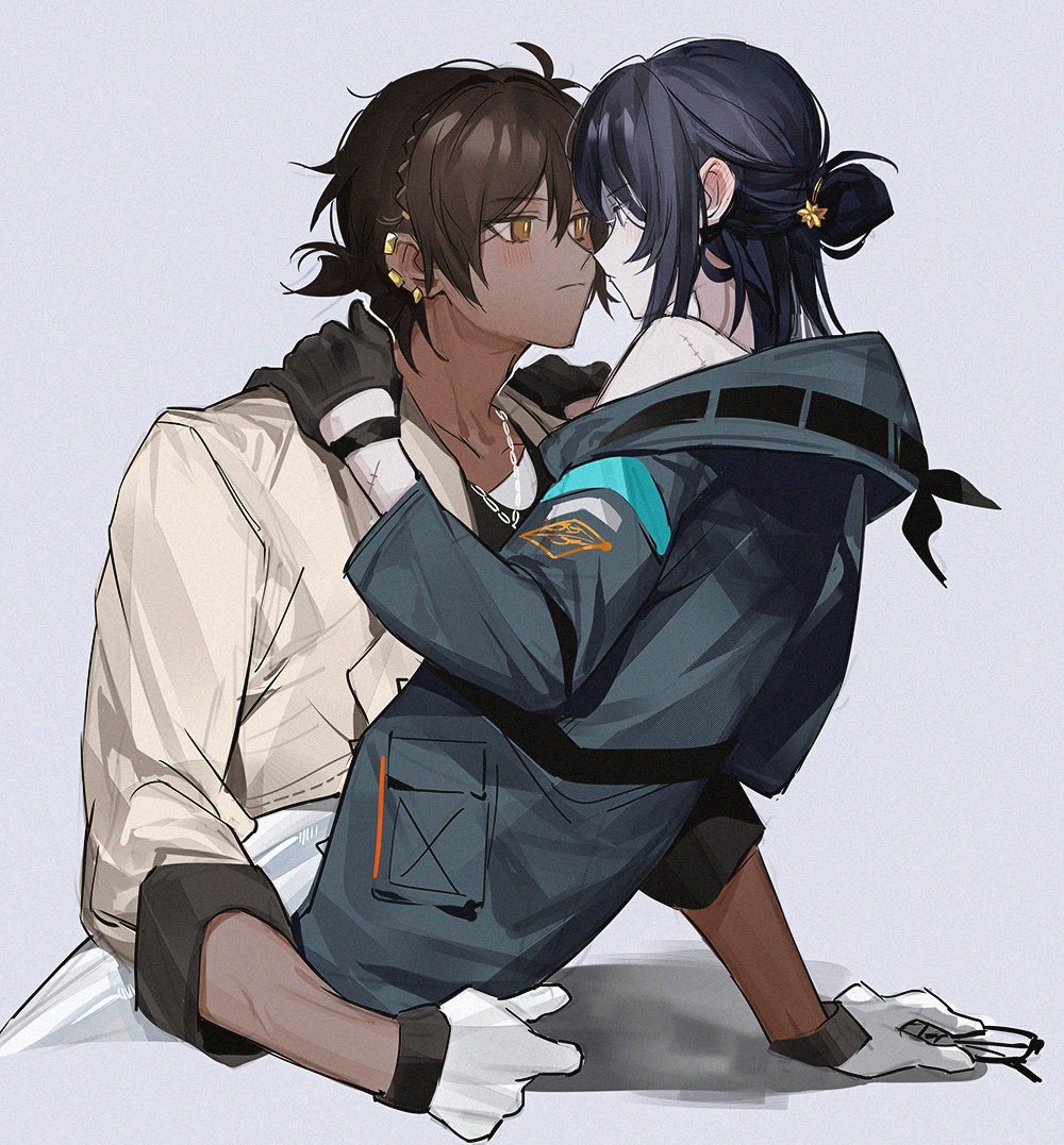 1boy, 1girl, arknights, bare_shoulders, black_hair, blush, brown_eyes, brown_hair, coat, couple, dark-skinned_male, dark_skin, doctor_(arknights), ear_piercing, female_doctor_(arknights), gloves, hand_on_another's_shoulder, hetero, holding, jacket, jewelry, looking_at_another, necklace, pienahenggou, piercing, ponytail, rhodes_island_logo, short_hair, sitting, stitches, thorns_(arknights), white_gloves