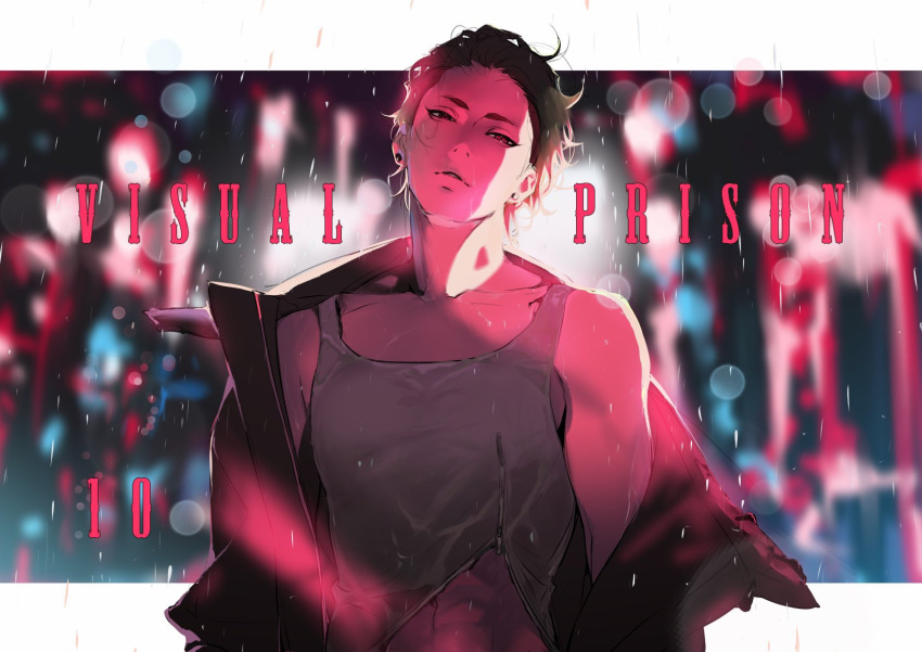 1boy, abs, black_hair, grey_jacket, grey_shirt, highres, jacket, katagiri_ikumi