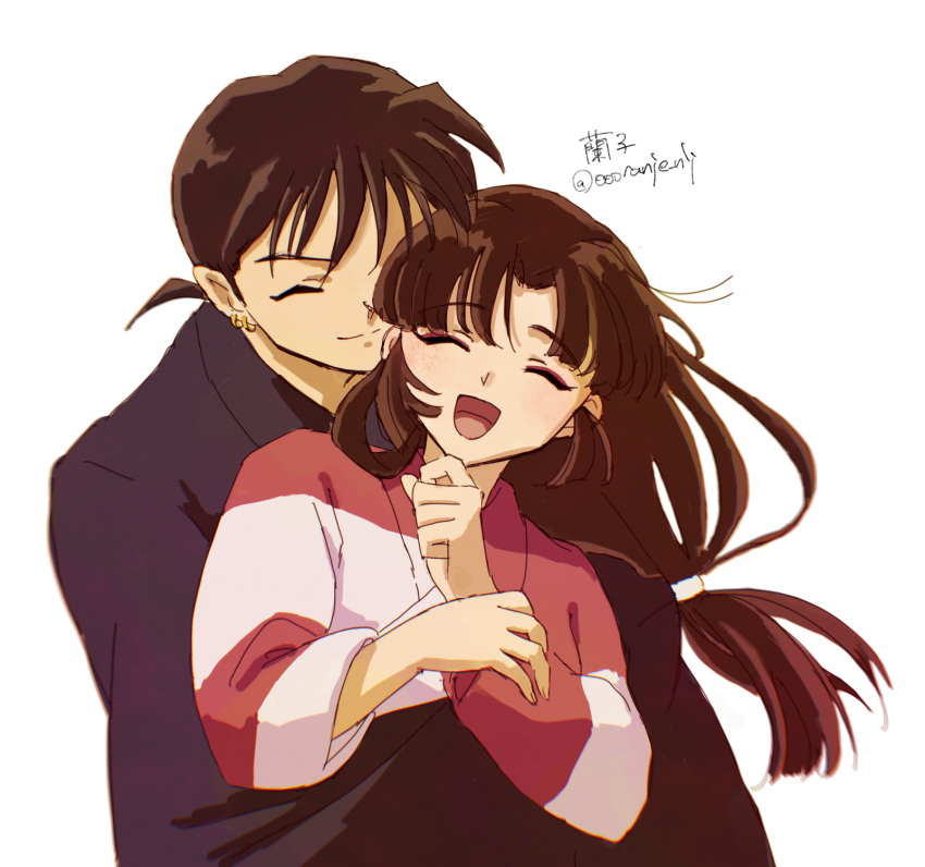 1boy, 1girl, arms_around_waist, bangs, brown_hair, closed_eyes, couple, earrings