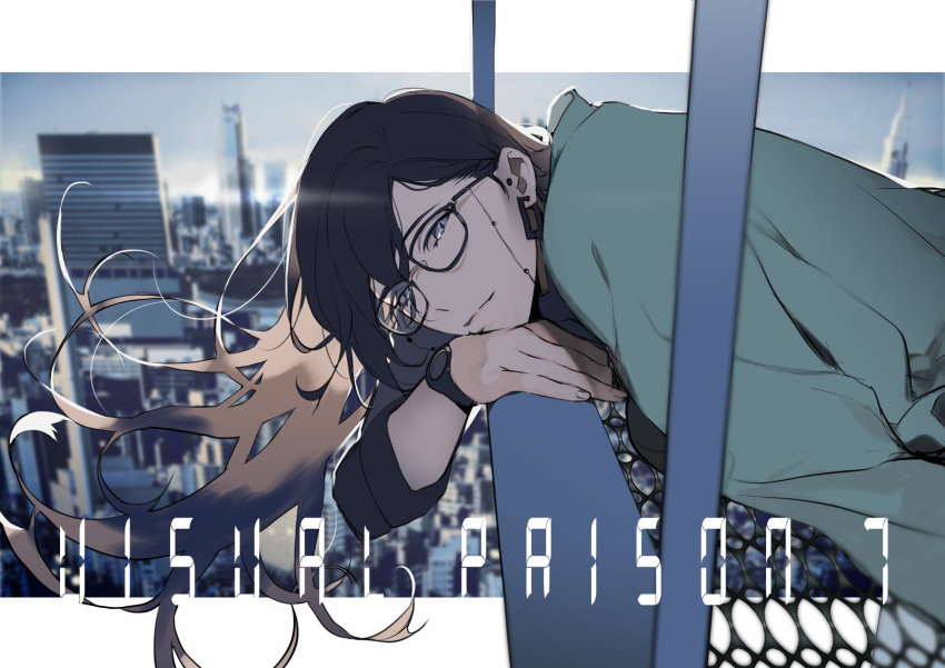 1boy, black_hair, closed_mouth, copyright_name, ear_piercing, earrings, glasses, green_eyes