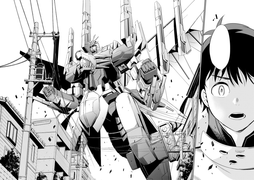 1boy, bangs, clenched_hands, greyscale, highres, kawada_akio, looking_up, mecha