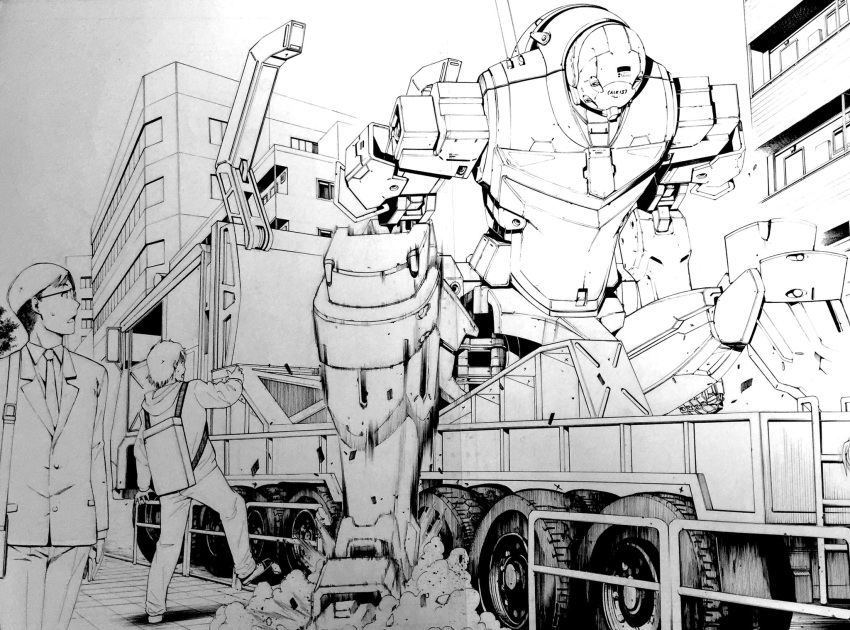2boys, at.4_iris, backpack, bag, dust, glasses, greyscale, ground_vehicle