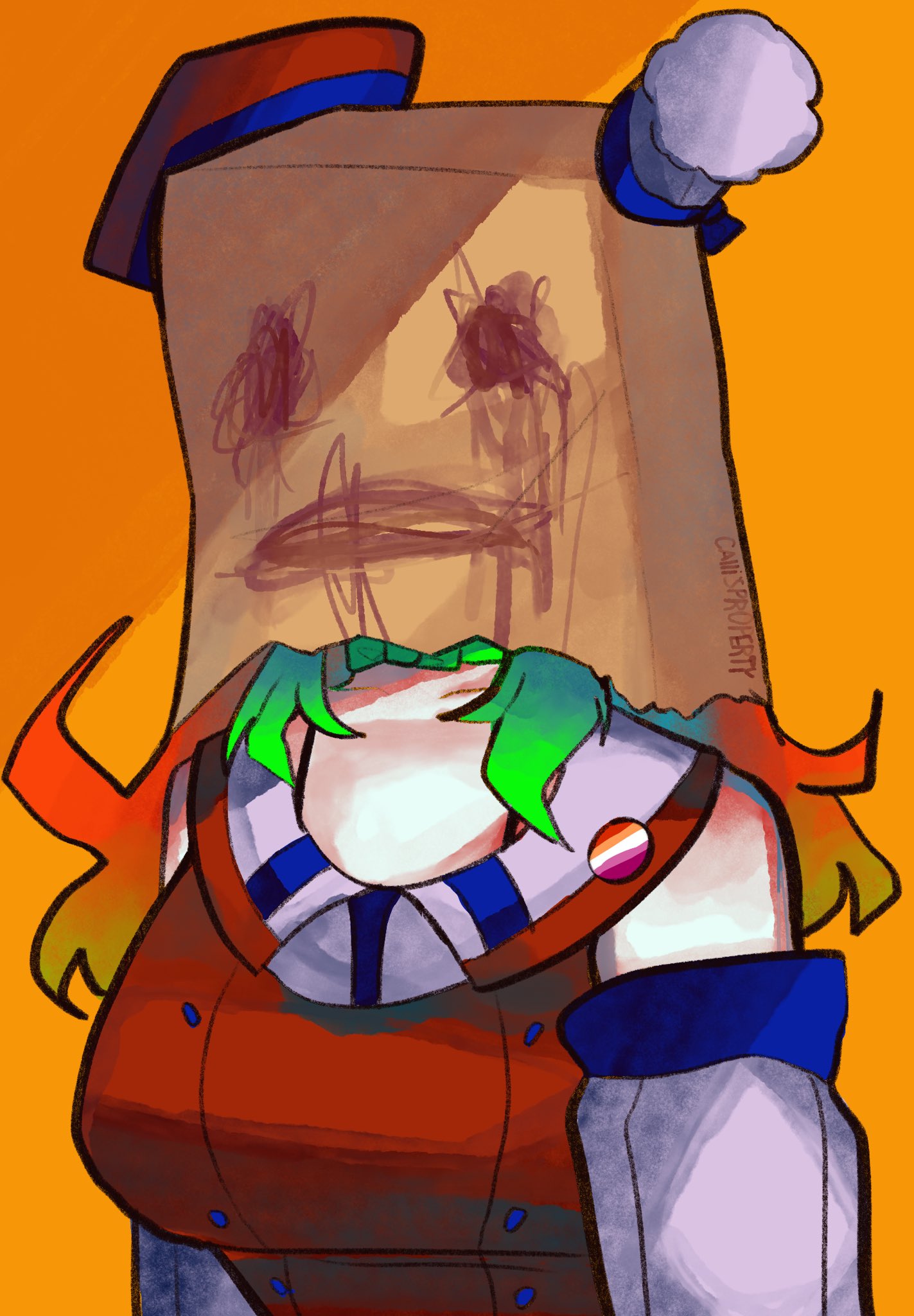 1girl, bag, bag_over_head, bare_shoulders, bow_choker, breasts, brown_bag, covered_face