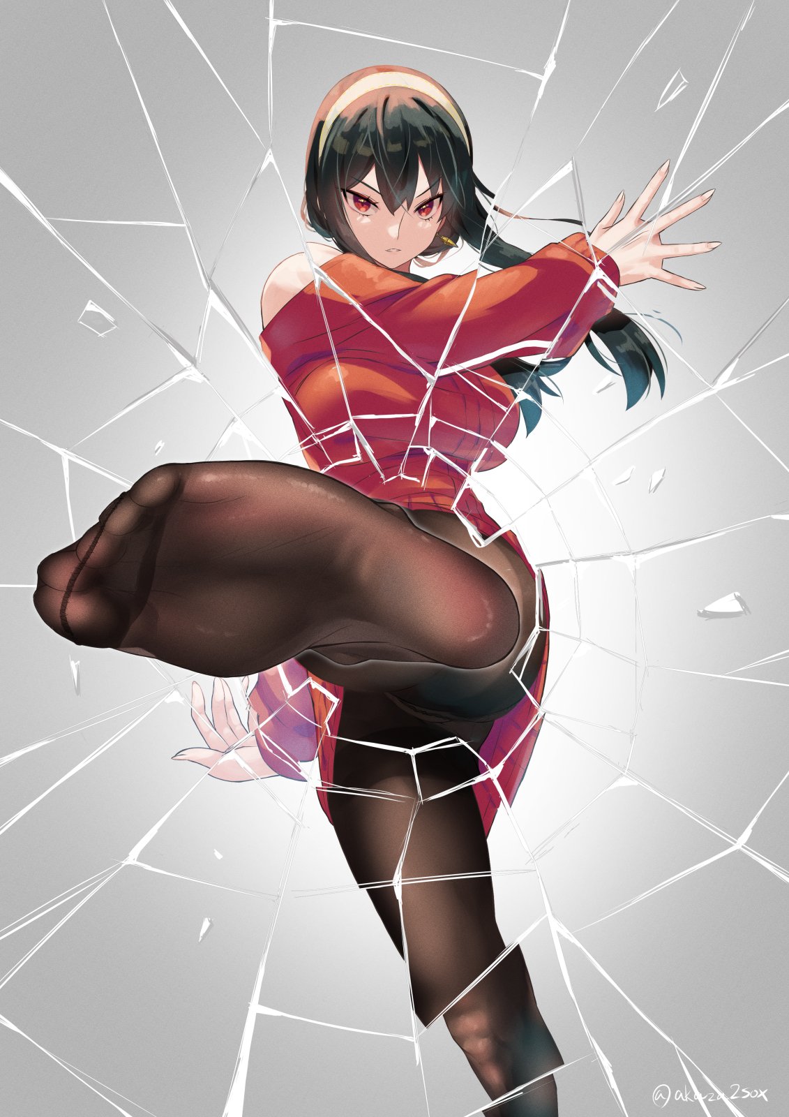 1girl, akaza, bangs, black_hair, breasts, broken_glass, commentary_request, drawing_tablet