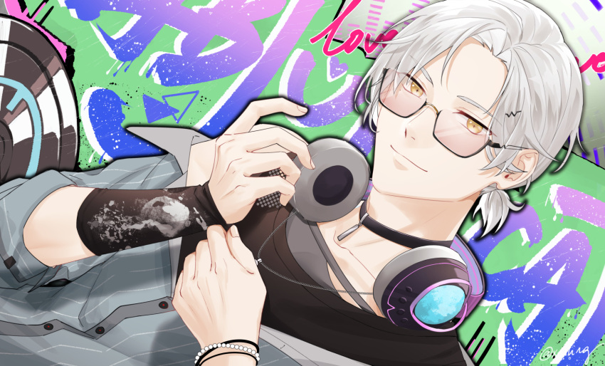 1boy, black_choker, choker, closed_mouth, glasses, grey_jacket, headphones, headphones_around_neck, highres, jacket, long_sleeves, looking_at_viewer, short_hair, smile, solo, tears_of_themis, vyn_richter_(tears_of_themis), white_hair, xeiling, yellow_eyes
