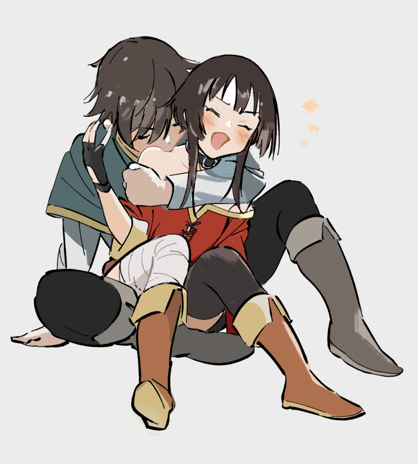 1boy, 1girl, asymmetrical_legwear, bandaged_leg, bandages, bangs, bare_shoulders, black_choker, black_footwear, black_legwear, blush, brown_hair, cape, choker, closed_eyes, dress, duplicate, eyebrows_visible_through_hair, fingerless_gloves, full_body, gloves, green_cape, grey_footwear, hair_between_eyes, hand_on_another's_shoulder, kakeami, kiss, kissing_shoulder, kono_subarashii_sekai_ni_shukufuku_wo!, long_sleeves, megumin, mismatched_legwear, off-shoulder_dress, off_shoulder, open_mouth, pixel-perfect_duplicate, red_dress, satou_kazuma, shirt, shoes, short_hair, short_hair_with_long_locks, simple_background, single_thighhigh, sitting, thigh-highs, white_background, white_shirt