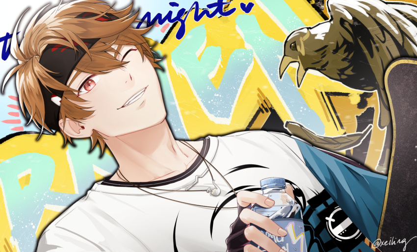 1boy, :d, bangs, black_gloves, bottle, brown_eyes, brown_hair, casual