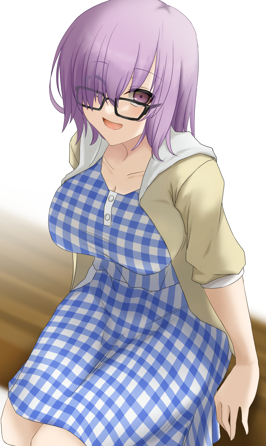 1girl, bag, bangs, black-framed_eyewear, blue_dress, blush, breasts, casual