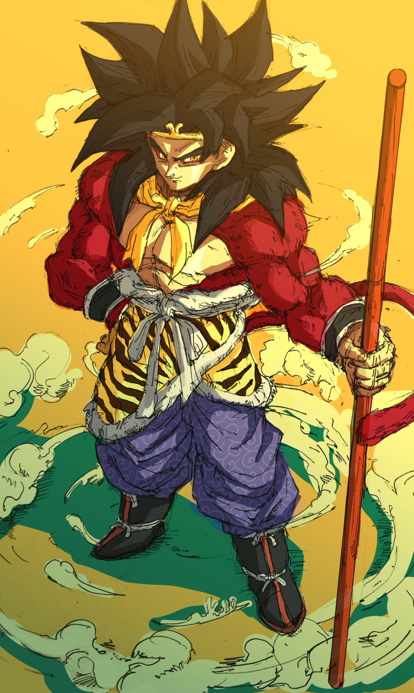 1boy, black_hair, body_fur, cosplay, dragon_ball, dragon_ball_(classic), dragon_ball_gt, highres, journey_to_the_west, kouji08250, monkey_boy, monkey_tail, muscular, muscular_male, nyoibo, red_fur, son_goku, spiky_hair, sun_wukong, sun_wukong_(cosplay), super_saiyan, super_saiyan_4, tail, yellow_eyes