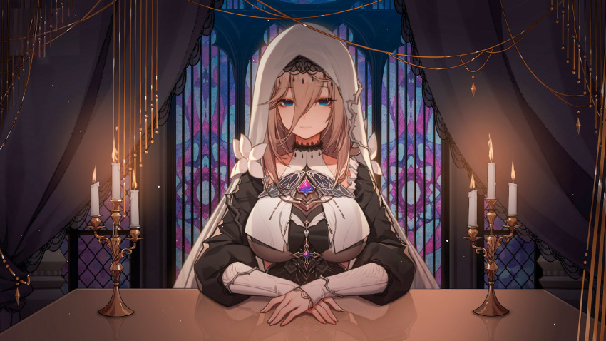 1girl, absurdres, aponia_(honkai_impact), bangs, black_dress, breasts, brown_hair, candle