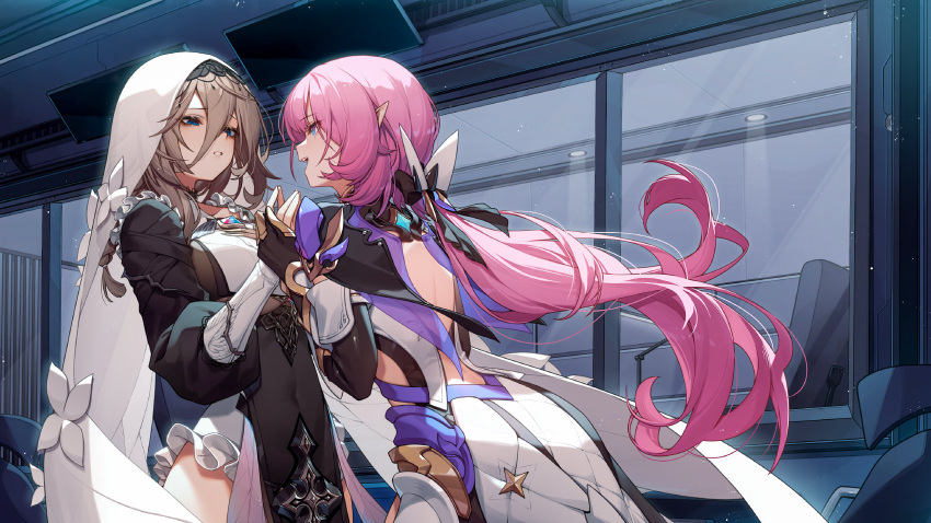 2girls, :d, :o, absurdres, aponia_(honkai_impact), back, bangs, black_dress, black_gloves, blue_eyes, brown_hair, dress, elf, elysia_(honkai_impact), gloves, hair_ornament, highres, holding_hands, honkai_(series), honkai_impact_3rd, indoors, liumang_tu_shua_p_zhan, long_hair, long_sleeves, multiple_girls, nun, official_art, open_mouth, pointy_ears, ponytail, single_glove, smile, veil, very_long_hair, window
