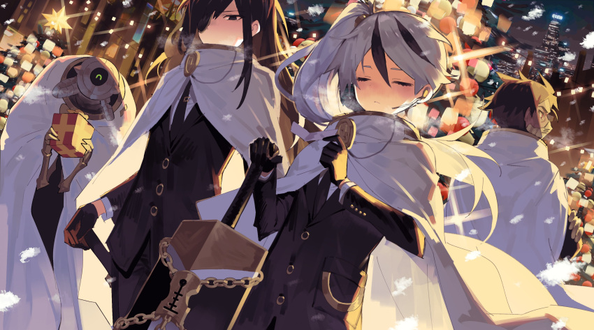 3boys, ^_^, absurdres, bangs, black_eyes, black_gloves, black_hair, black_jacket, black_pants, box, breath, building, cape, chain, christmas, christmas_tree, city, closed_eyes, closed_mouth, devy_lobotomy, earpiece, esther_(library_of_ruina), gift, gift_box, gloria_(library_of_ruina), gloves, greatsword, hair_over_one_eye, highres, holding, holding_weapon, hubert_(library_of_ruina), jacket, korean_commentary, library_of_ruina, lock, long_hair, long_sleeves, male_focus, mask, mouth_mask, multicolored_hair, multiple_boys, night, outdoors, pants, project_moon, robot, streaked_hair, weapon, white_cape, yan_vismok