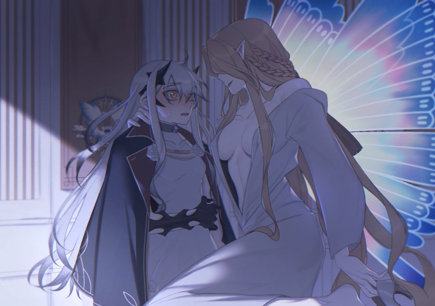 2girls, aurora_(fate), barefoot, blonde_hair, breasts, fairy_knight_lancelot_(fate), fate/grand_order, fate_(series)