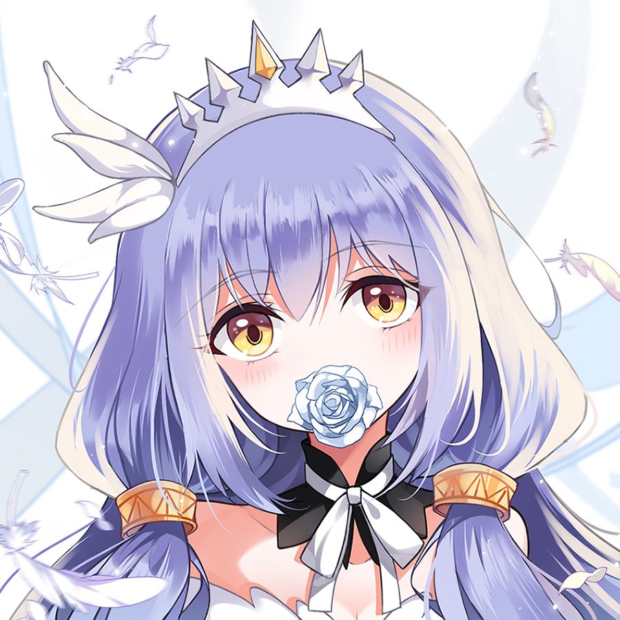 1girl, bangs, blush, clover_theater, detached_collar, eyebrows_visible_through_hair, flower, flower_in_mouth, hair_tubes, long_hair, looking_at_viewer, purple_hair, rose, sandway_(clover_theater), solo, tiara, white_feathers, white_flower, white_rose, yasuna_(nanjiang), yellow_eyes