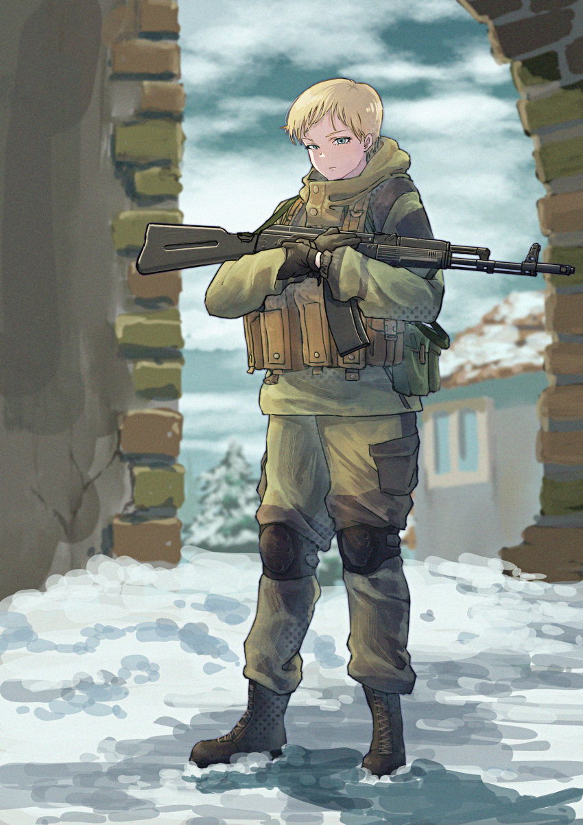1girl, absurdres, ak-74, assault_rifle, black_gloves, blonde_hair, blue_sky, boots, brown_footwear, closed_mouth, clouds, cloudy_sky, gloves, green_jacket, green_pants, gun, highres, holding, holding_gun, holding_weapon, jacket, kalashnikov_rifle, knee_pads, long_sleeves, looking_at_viewer, military, military_uniform, original, outdoors, pants, rifle, russian_army, ryo_362020, shadow, short_hair, sky, snow, solo, standing, uniform, weapon