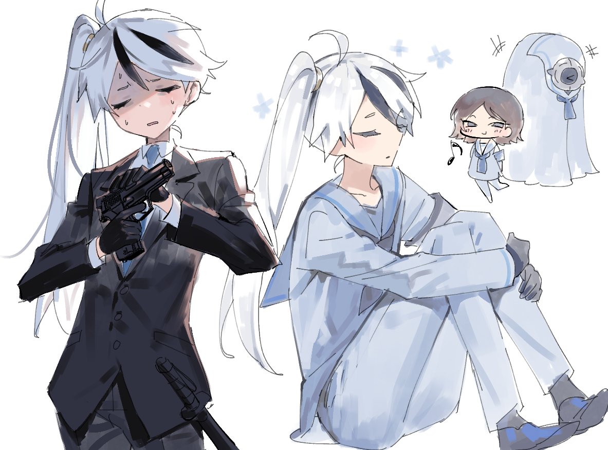 >_<, +++, 1boy, 1girl, alternate_costume, bangs, black_gloves, black_hair, black_jacket, black_pants, chibi, closed_eyes, devy_lobotomy, gloria_(library_of_ruina), gloves, gun, handgun, holding, holding_gun, holding_weapon, jacket, korean_commentary, library_of_ruina, long_hair, moirai_(library_of_ruina), multicolored_hair, multiple_views, musical_note, neckerchief, necktie, otoko_no_ko, pants, parted_lips, project_moon, robot, sailor_collar, school_uniform, serafuku, shaded_face, side_ponytail, simple_background, sitting, sweat, weapon, white_background, yan_vismok