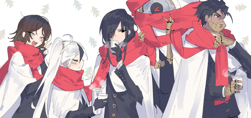 >_<, 1girl, 3boys, bangs, black_gloves, black_hair, black_jacket, black_pants, brown_hair, cape, closed_eyes, closed_mouth, cup, dark-skinned_male, dark_skin, devy_lobotomy, drinking, esther_(library_of_ruina), fingerless_gloves, gloria_(library_of_ruina), gloves, grey_eyes, hair_over_one_eye, highres, holding, holding_cup, hubert_(library_of_ruina), jacket, korean_commentary, library_of_ruina, long_hair, moirai_(library_of_ruina), multicolored_hair, multiple_boys, open_mouth, pants, ponytail, project_moon, red_eyes, red_scarf, robot, scarf, simple_background, steam, streaked_hair, upper_body, v, white_cape, yan_vismok