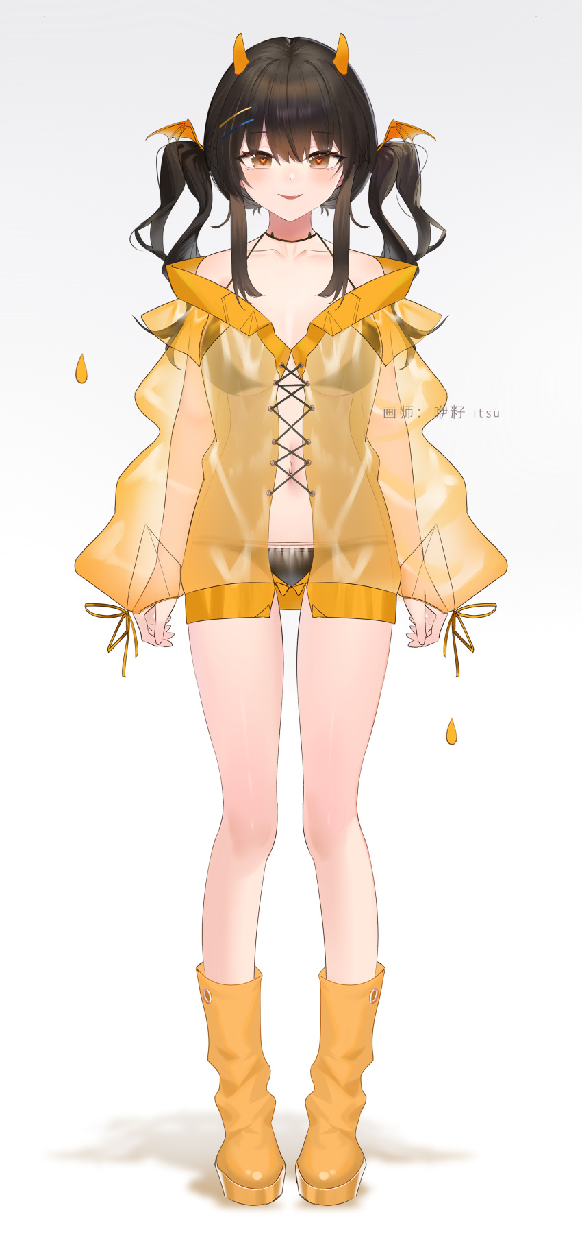 1girl, absurdres, artist_name, bangs, bare_shoulders, bat_wings, bikini, black_bikini